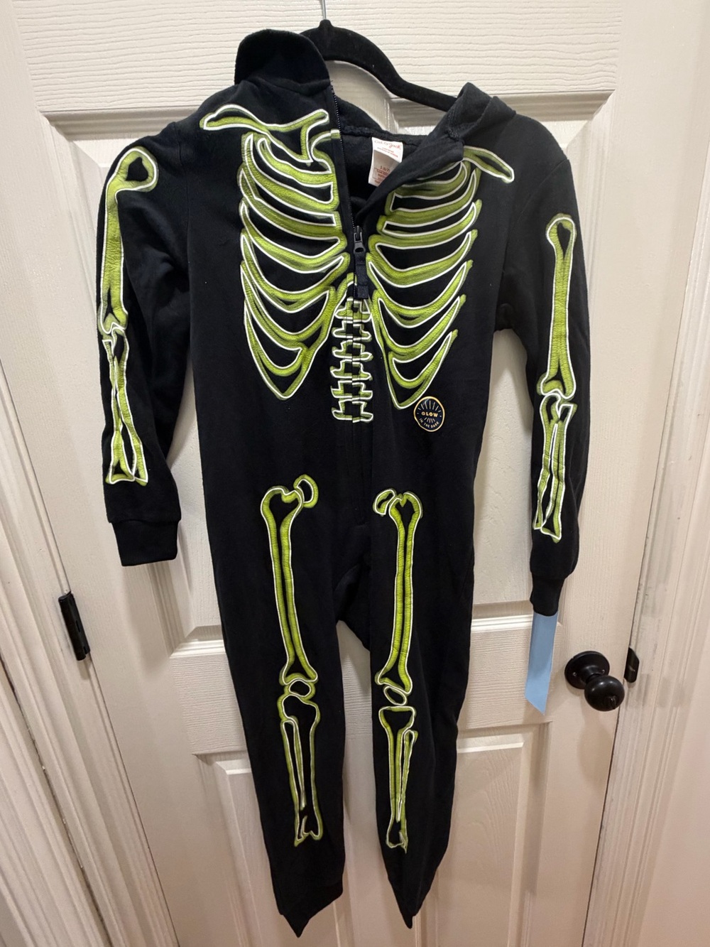 Kids Black One-Piece Skeleton Pajama Neon Green Bones GLOW IN THE DARK S (6/7)